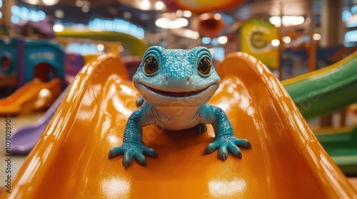 A smiling blue gecko sits on an orange slide in a colorful indoor playground. photo