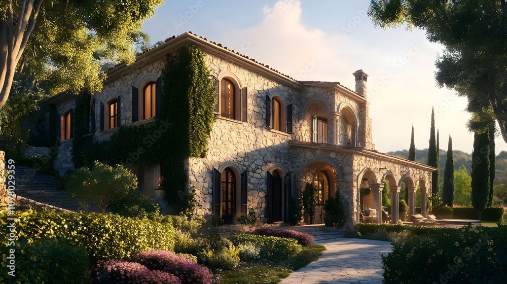 Naklejka premium Luxurious Stone Mediterranean Villa Surrounded by Nature