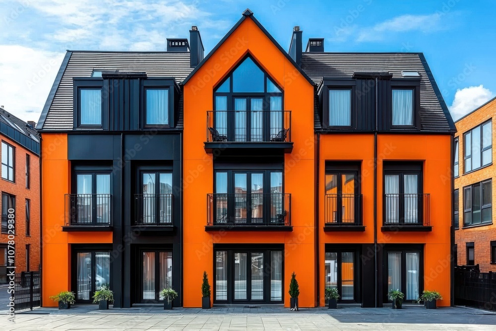 Modern orange and black apartment building with balconies and large windows. Modern orange and black apartment building with balconies and large windows.