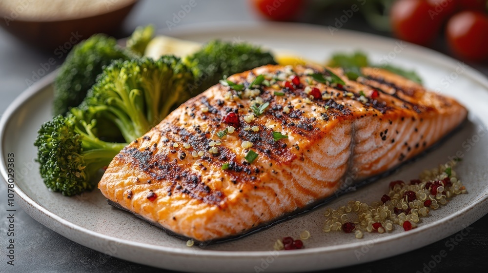 Grilled salmon fillet served with broccoli and lemon slices. Grilled salmon fillet served with broccoli and lemon slices.