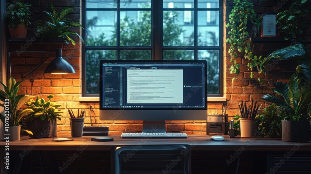 Cozy workspace with monitor, plants, and warm lighting. Cozy workspace with monitor, plants, and warm lighting.