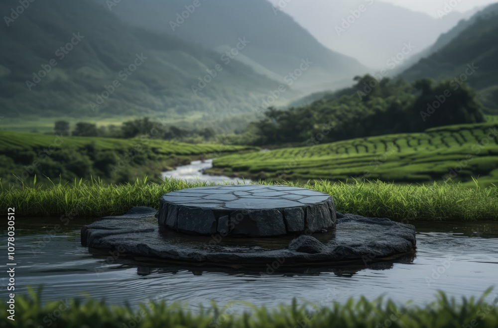 Fototapeta premium stone round podium stage with river stream and blurry green tea field in the background