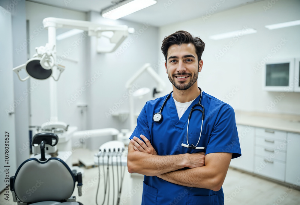 Portrait of a Confident Male Dentist in Modern Dental Office Smiling at Camera
