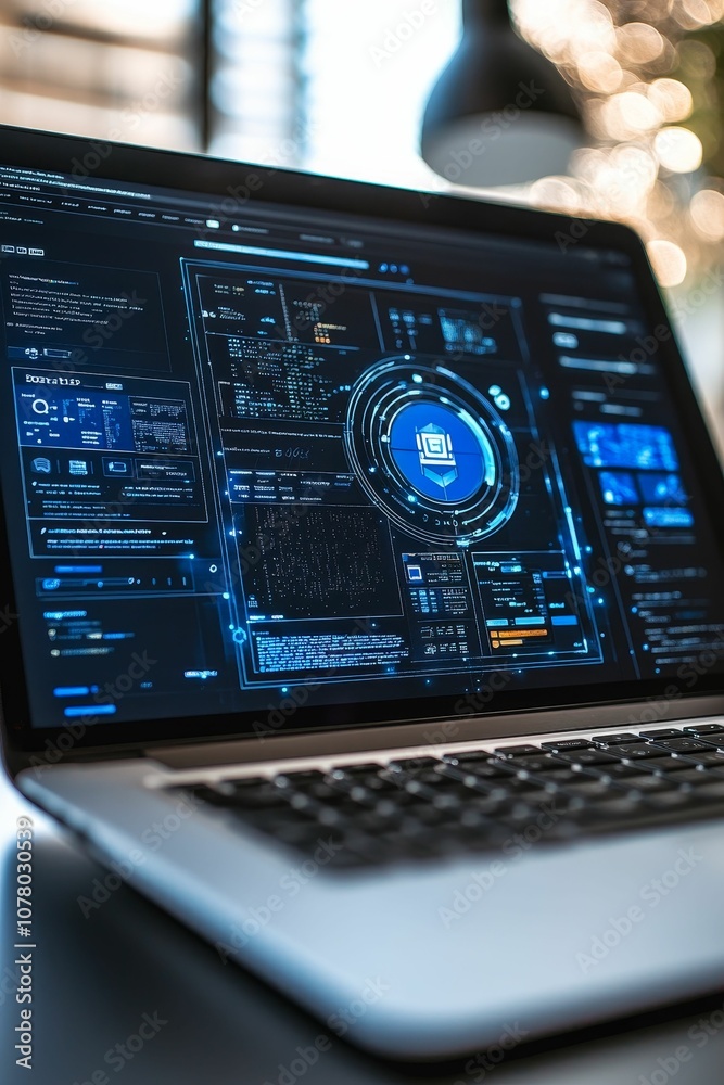 A laptop screen displays digital code and data. A laptop screen displays digital code and data.