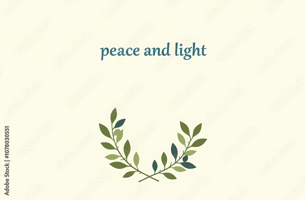 Minimalistic Hanukkah card. A single green olive branch with small olives, on a light background. The text Minimalistic Hanukkah card. A single green olive branch with small olives, on a light background. The text