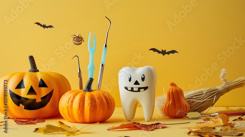 A playful scene on a light yellow background featuring a tooth figurine, dental tools, pumpkins, and a broom, combining dental care and Halloween spirit.