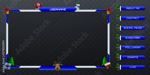 Christmas-Themed Stream Overlay Webcam Screen Frame and Stream Alert Panels in Blue and Silver Color with Santa Claus, Snowman, and Decorative Ornaments for Gaming and Live Streaming
