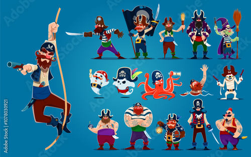 Cartoon pirates and corsairs characters. Captains and sailors, skipper and boatswain filibusters vector personages, funny ghost, witch, octopus and mummy pirate characters with black flag and swords