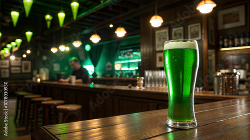 Glass of green beer on a wooden bar with festive decor and bokeh lights for St. Patrick's Day, the concept of a holiday
 photo