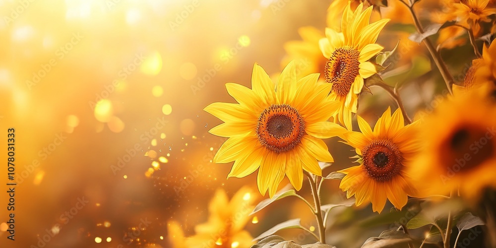 Fototapeta premium A vibrant field of sunflowers shines brightly under warm sunlight. These cheerful flowers symbolize happiness and positivity. Ideal for inspiring nature lovers and decor. AI