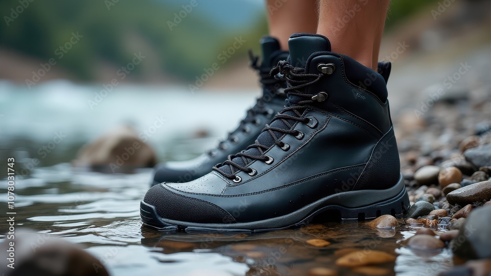 Boots on rocky terrain for mountaineering. Black hiking boots step into a shallow stream surrounded by pebbles, capturing an outdoor adventure vibe. Boots on rocky terrain for mountaineering. Black hiking boots step into a shallow stream surrounded by pebbles, capturing an outdoor adventure vibe.