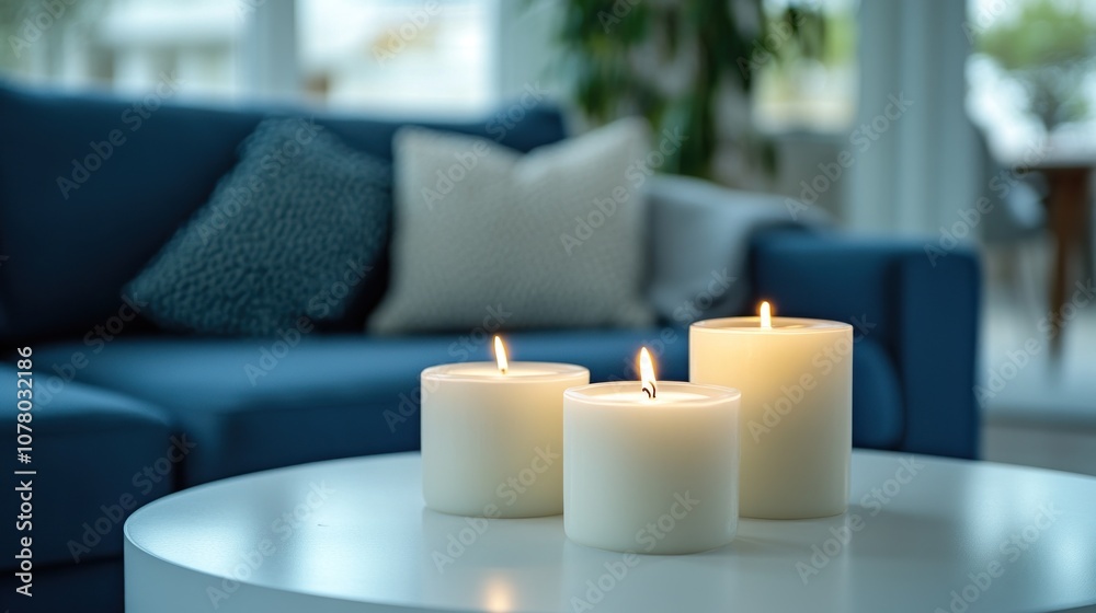 Three Burning Candles on a Coffee Table Three Burning Candles on a Coffee Table