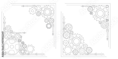 Business concept background with doodle sketch-style hand-drawn cogwheel gears, colorful frame, corner, and border emphasizing teamwork and progress.