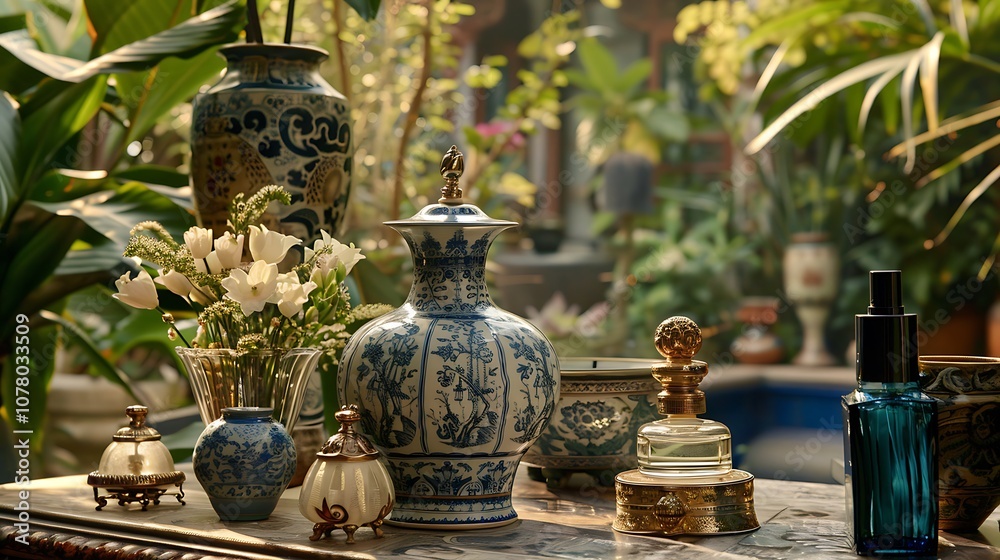 In the castle backyard elegant pottery and an ornate cologne spray In the castle backyard elegant pottery and an ornate cologne spray