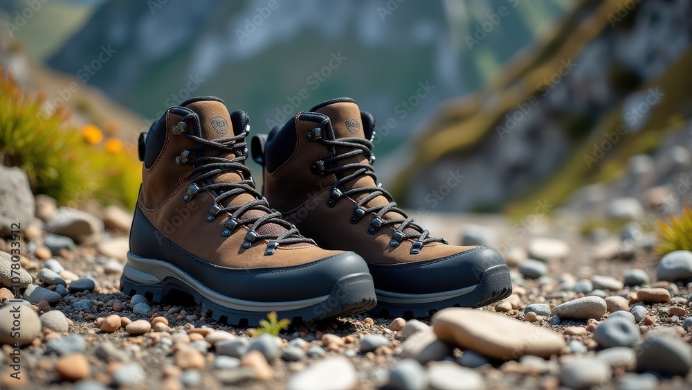 Boots on rocky terrain for mountaineering. Hiking boots rest on a rocky path, showcasing sturdy soles and rugged design, ideal for outdoor adventures and rough terrain. Boots on rocky terrain for mountaineering. Hiking boots rest on a rocky path, showcasing sturdy soles and rugged design, ideal for outdoor adventures and rough terrain.