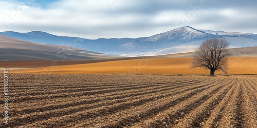A lone tree stands in a plowed field with rolling hills and a snow-capped mountain in the distance.
