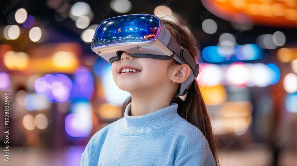 Young girl embarks on a virtual reality adventure, exploring immersive worlds and interactive simulations through vr headset Young girl embarks on a virtual reality adventure, exploring immersive worlds and interactive simulations through vr headset