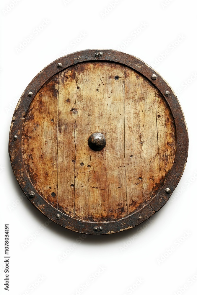 Naklejka premium Wooden shield with metal trim and rivets.