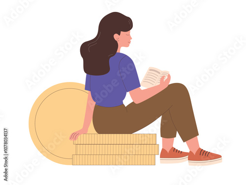 Young woman reads a book or textbook during sitting on a stack of coins. Flat vector illustration