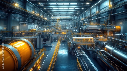 Industrial facility with machinery and illuminated pathways.