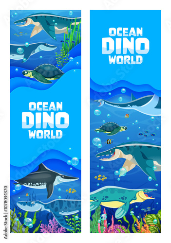 Prehistoric underwater dinosaurs or Jurassic reptile lizards of sea, vector cartoon banners. Aquatic dinosaurs and marine reptiles for kids dino world atlas or paleontology book and prehistory museum