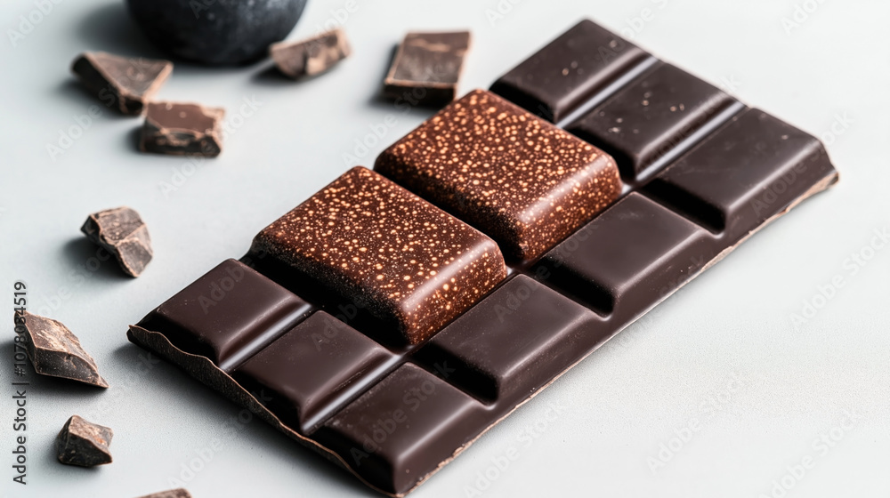 Close-up of a textured chocolate bar with speckled design, surrounded by scattered chocolate pieces on a light background Close-up of a textured chocolate bar with speckled design, surrounded by scattered chocolate pieces on a light background