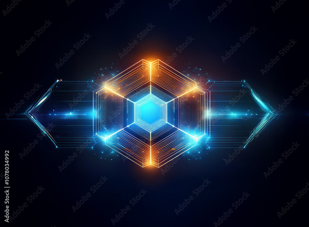 A glowing geometric shape with orange and blue light emanating from the center against a dark background. A glowing geometric shape with orange and blue light emanating from the center against a dark background.