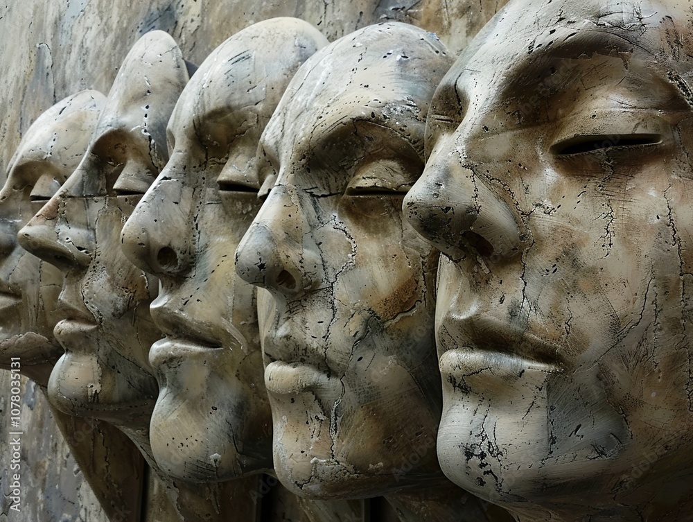Close-up of Abstract Stone Sculptures Depicting Human Faces Close-up of Abstract Stone Sculptures Depicting Human Faces