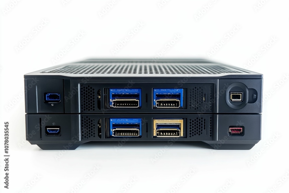 Black box with multiple ports and slots. Black box with multiple ports and slots.