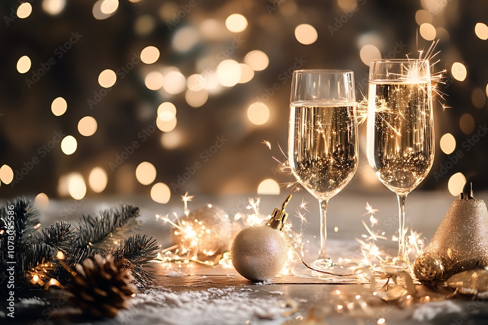 New Year's celebration scene with sparklers and room for copy in the empty sky, New Year's celebration scene with sparklers and room for copy in the empty sky,