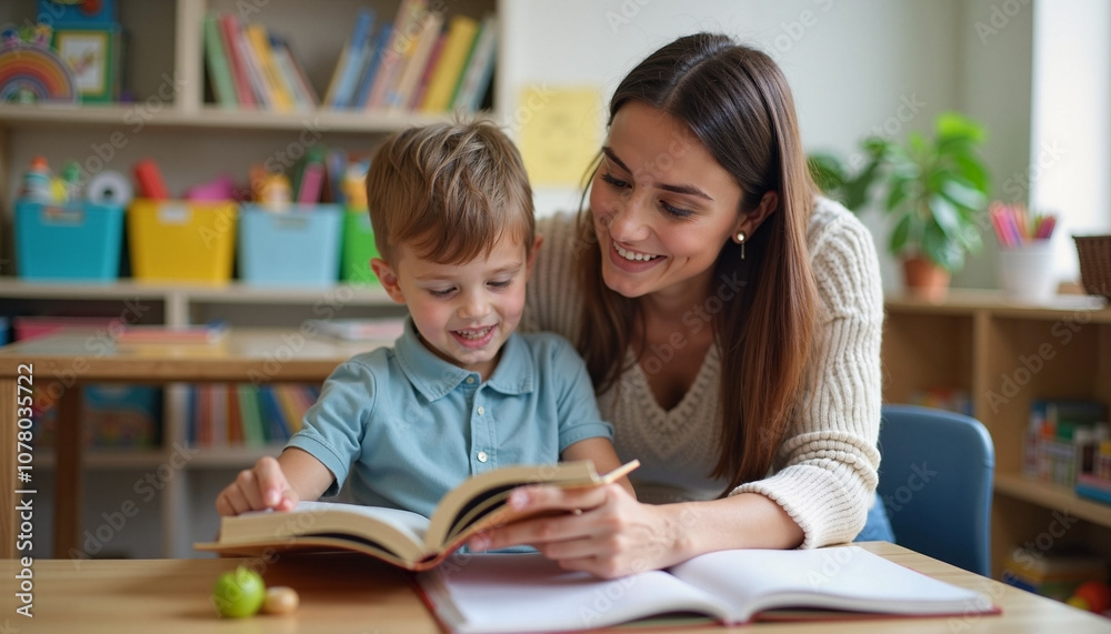 A joyful learning moment between a mother and son in a cozy reading nook during a sunny afternoon A joyful learning moment between a mother and son in a cozy reading nook during a sunny afternoon