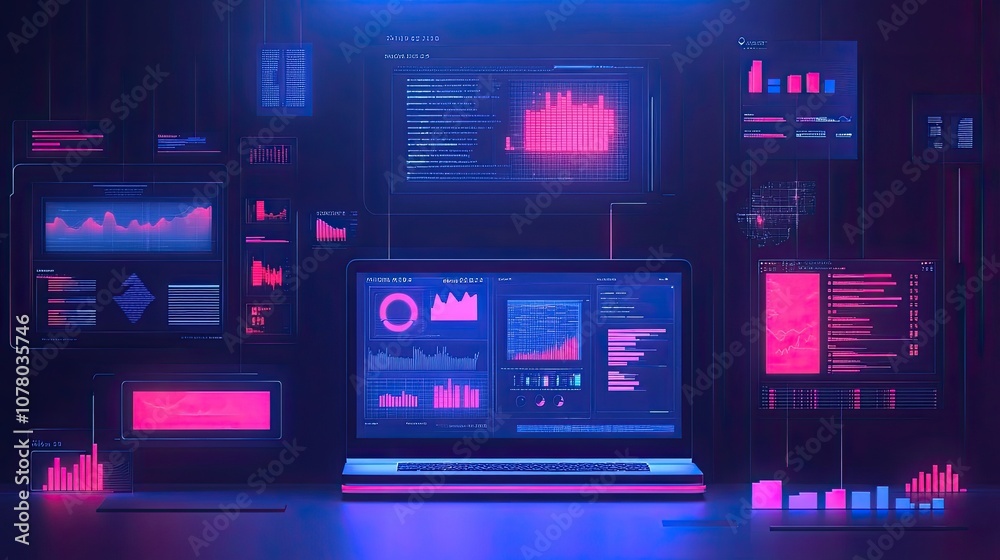 A laptop screen displaying various data charts and graphs in a dark room illuminated with a soft neon glow. A laptop screen displaying various data charts and graphs in a dark room illuminated with a soft neon glow.