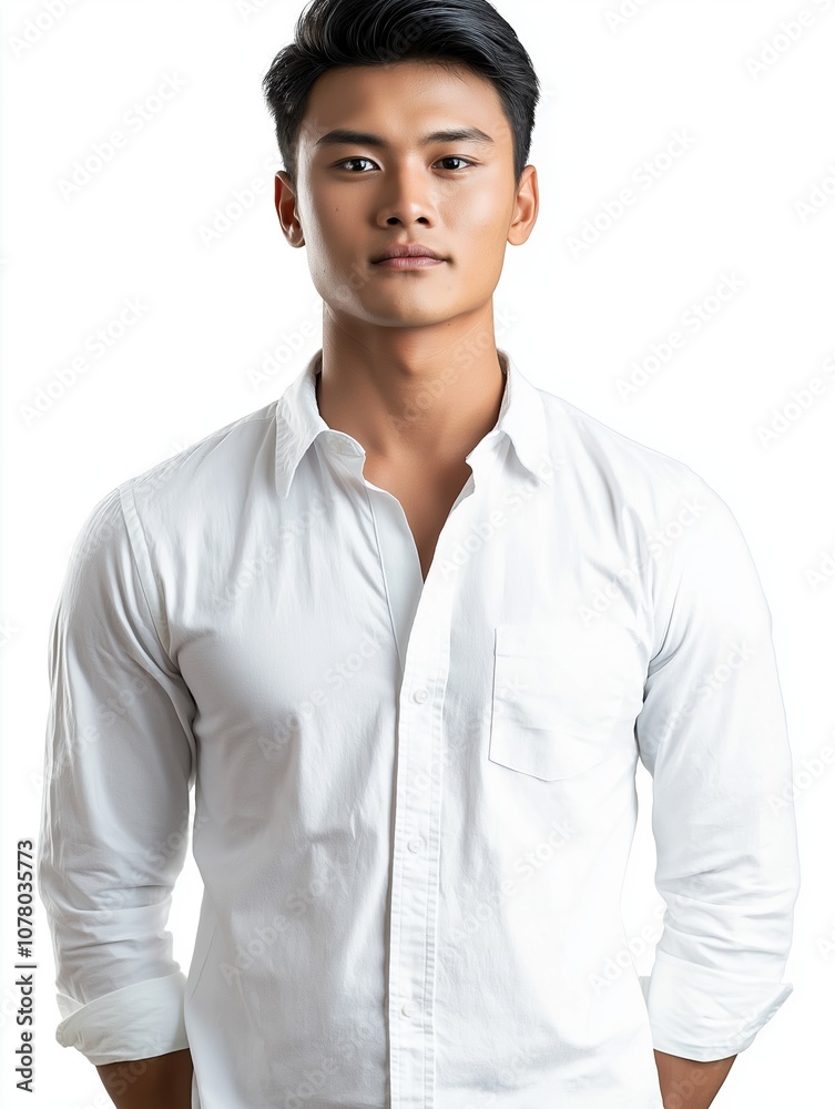 Confident young man poses in white shirt to showcase modern fashion style Confident young man poses in white shirt to showcase modern fashion style