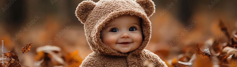 Baby bear suit, innocent chuckle, highlight warmth, tender scene