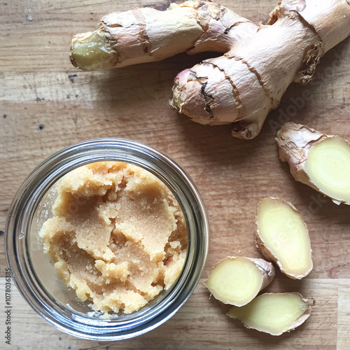 Fresh Ginger Root and Ginger Paste on Table, Ginger Root and Paste Ready for Cooking, Natural Ginger Root with Paste on Wooden Table. photo