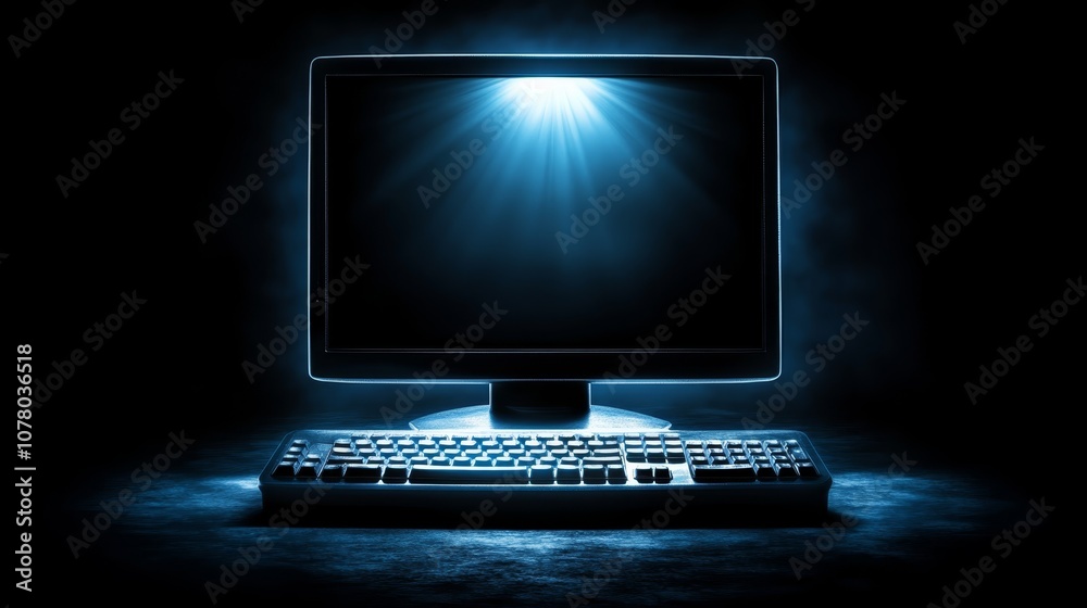 Glowing keyboard on a computer in dark room, modern technology and futuristic workplace setup for enhanced productivity Glowing keyboard on a computer in dark room, modern technology and futuristic workplace setup for enhanced productivity