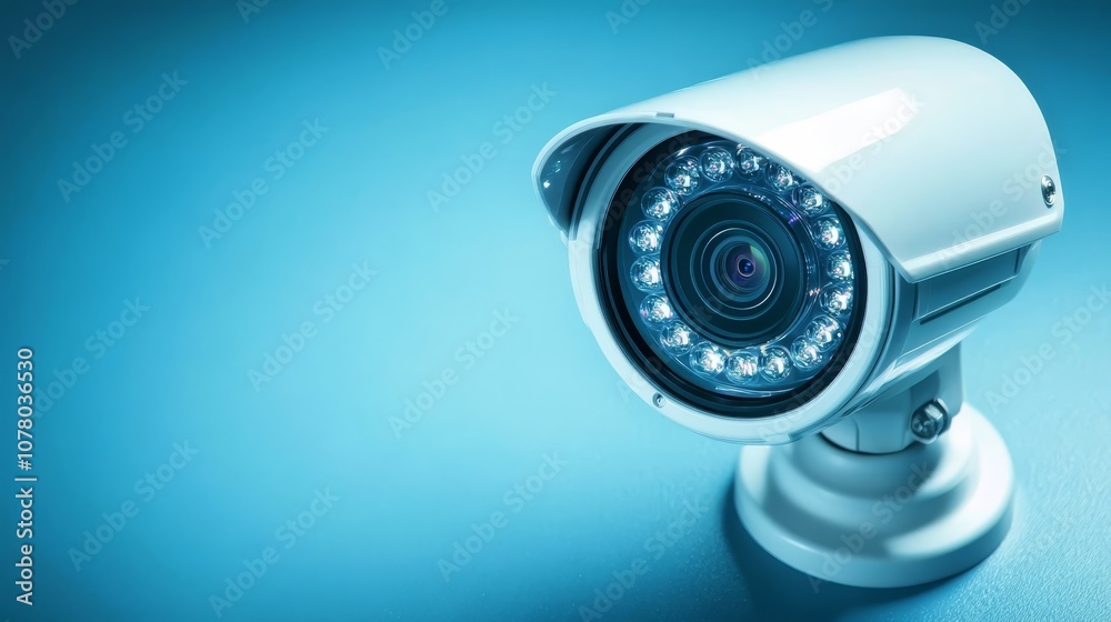 Security camera on blue, advanced surveillance for enhanced protection and peace of mind in homes, offices, businesses. Security camera on blue, advanced surveillance for enhanced protection and peace of mind in homes, offices, businesses.