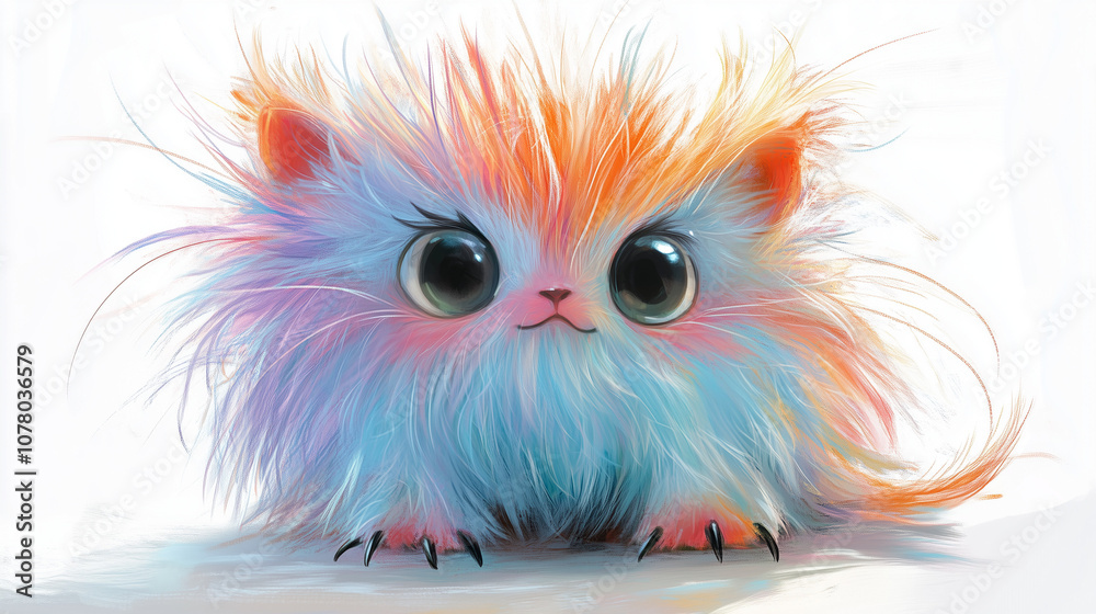 A vibrant, fluffy creature with colorful fur sits curiously on a light background, displaying its big expressive eyes. A vibrant, fluffy creature with colorful fur sits curiously on a light background, displaying its big expressive eyes.