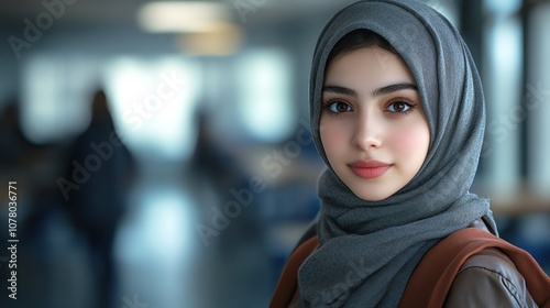 Confident student in hijab, sharp focus, modern classroom setting