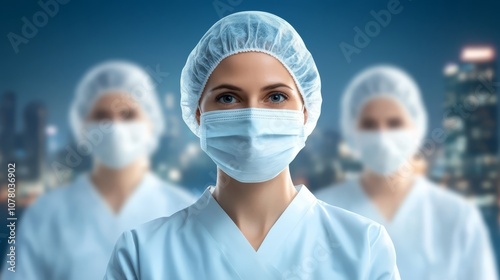 Woman in surgical mask confronts medical team, a picture of health, safety, and guidance in uncertain times