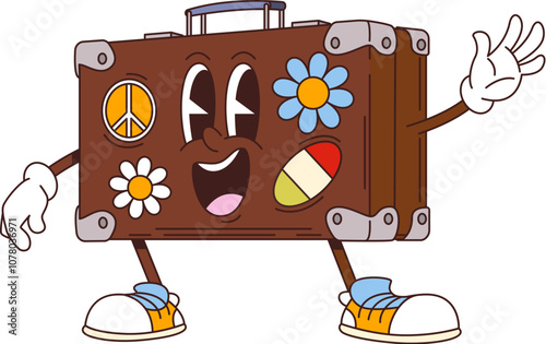 Cartoon retro groovy leather travel suitcase character with funny face, vector 70s hippie comic. Groovy travel bag or suitcase with peace sign and flag stickers with funky happy smile in retro cartoon