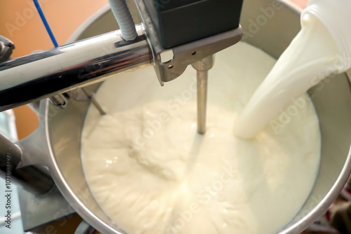 A close-up of fresh milk being transferred from a container to a stainless steel vat in a modern cheese factory