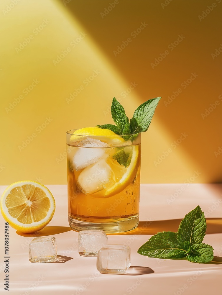 Fototapeta premium Refreshing lemon mint drink combines zesty flavors with chilled ice for ultimate summer sipping