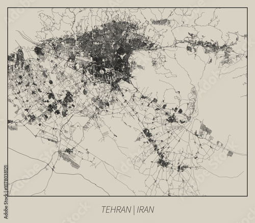 Tehran (Iran) street map outline for poster.