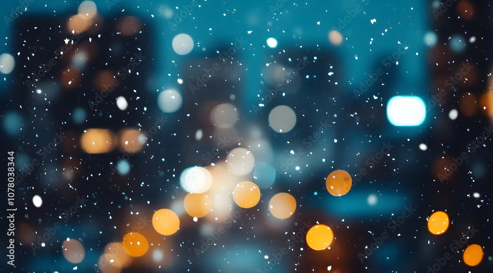 abstract christmas background with falling snoflakes and soft bokeh, warm colors and cozy atmosphere. city street abstract christmas background with falling snoflakes and soft bokeh, warm colors and cozy atmosphere. city street