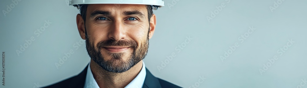 Obraz premium Smiling man in a suit and hard hat, professional pose against a light background