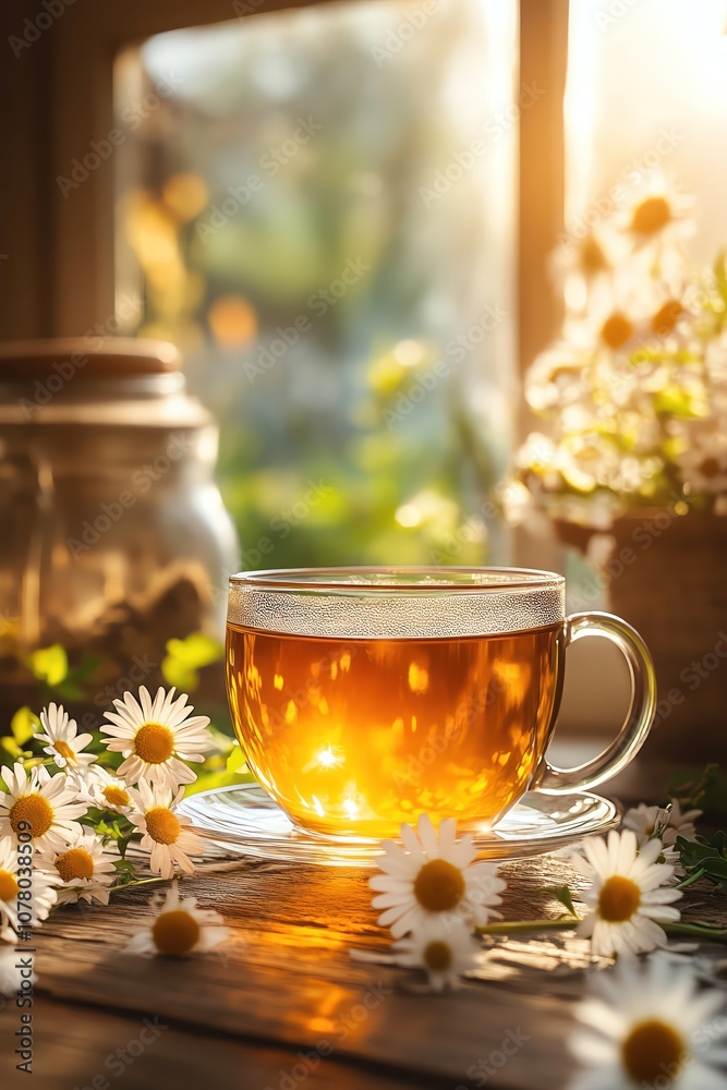 Steaming cup of herbal tea on a rustic wooden table, surrounded by daisies, warm natural sunlight Steaming cup of herbal tea on a rustic wooden table, surrounded by daisies, warm natural sunlight