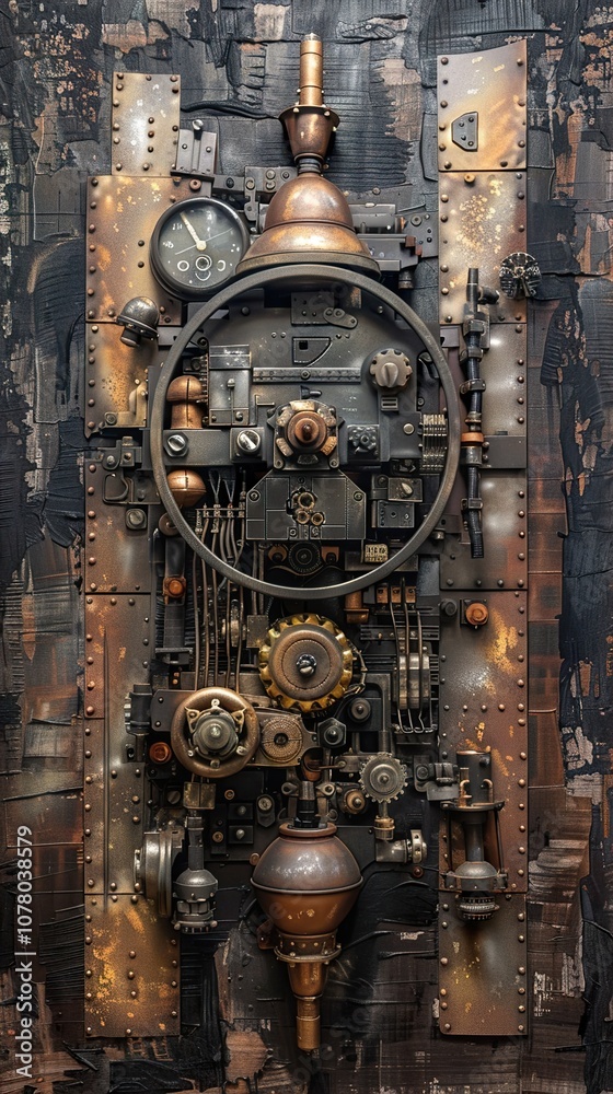 Fototapeta premium Steampunk Industrial Art: A Sculptural Composition of Cogs, Gears, and Metal