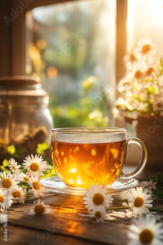 Steaming cup of herbal tea on a rustic wooden table, surrounded by daisies, warm natural sunlight