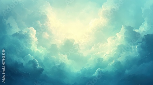 A serene sky filled with soft clouds and a glowing light at the center.